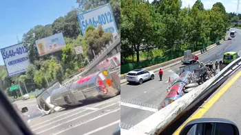 Pipa cae de un puente de la México-Toluca; conductor resulta con lesiones leves