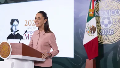 La presidenta Claudia Sheinbaum durante la Mañanera del Pueblo hablando sobre el Mundial 2026.