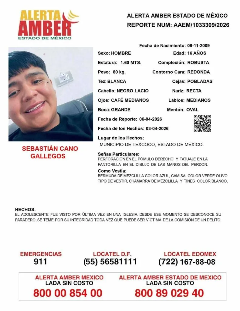Alerta Amber: Se busca a Sebastián Cano Gallegos de 16 años, desapareció en Texcoco