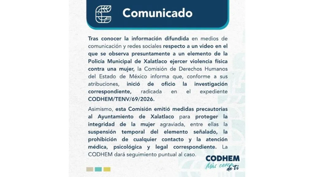 Codhem inicia investigación contra policía de Xalatlaco tras agredir a su pareja