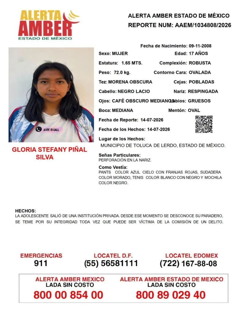 Alerta Amber: Se busca a Gloria Stefany Piñal Silva, desaparecida en Toluca