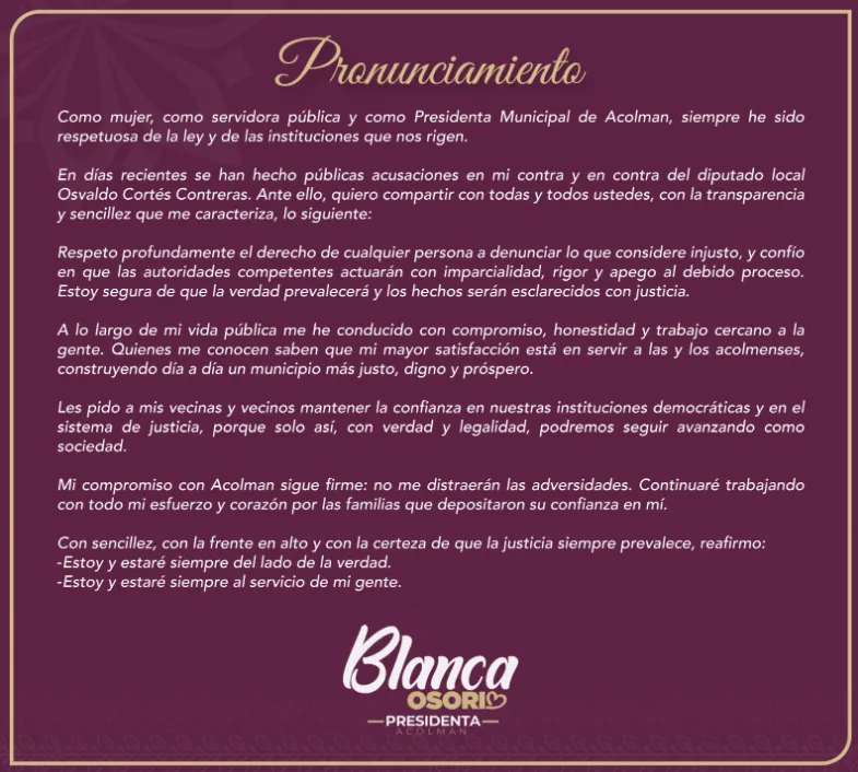 Desmiente Blanca Osorio acusaciones en su contra por parte de la diputada federal Claudia Garfias