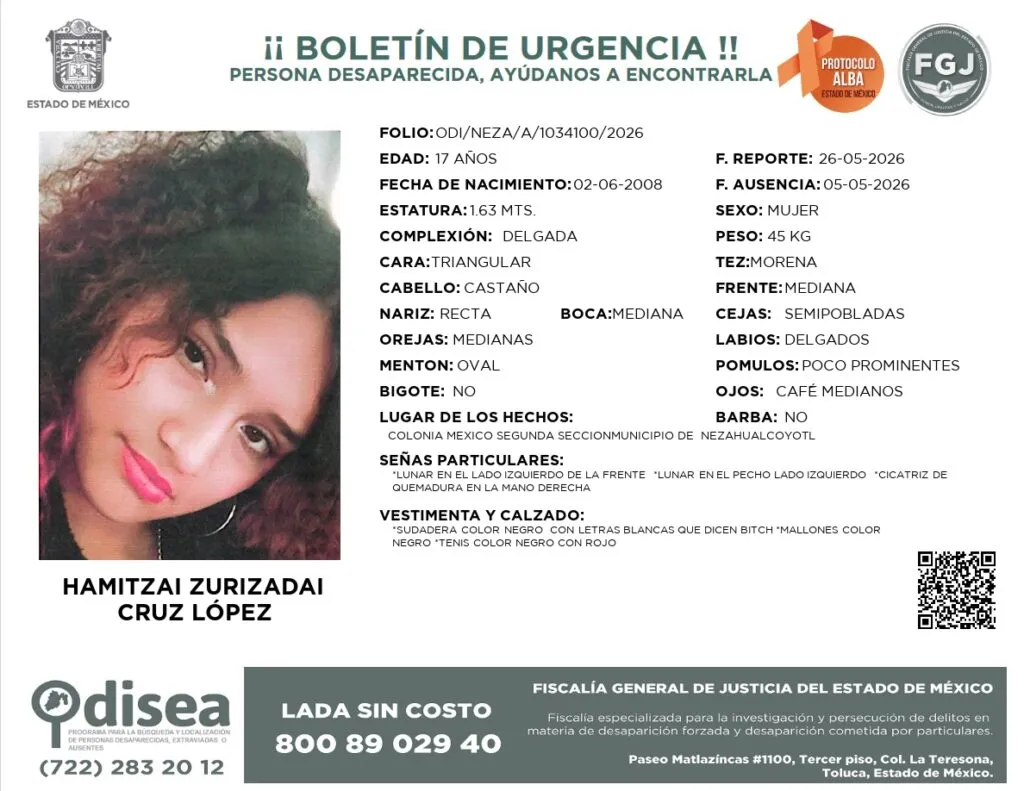 Protocolo Alba: Se busca a Hamitzai Zurizadai Cruz López de 17 años; desapareció en Nezahualcóyotl
