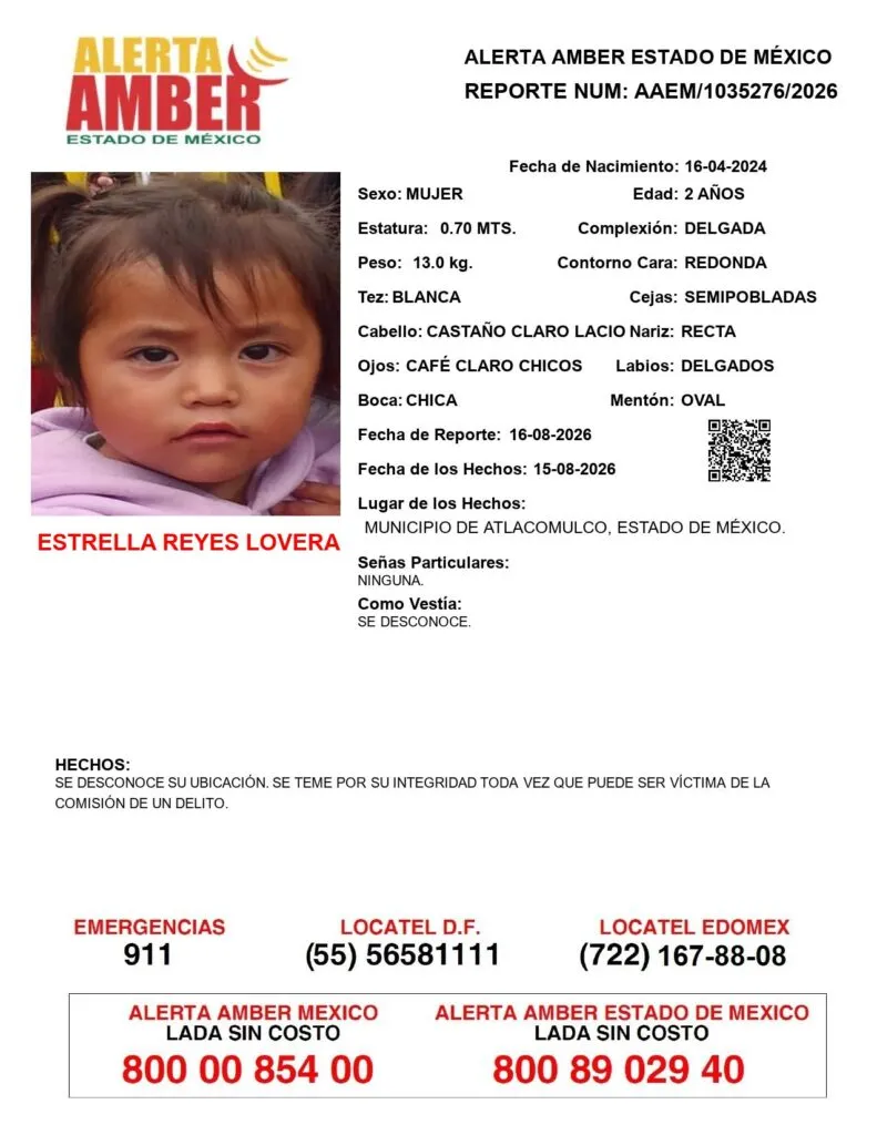 Alerta Amber: Se busca a Estrella Reyes Lovera; desapareció en Atlacomulco