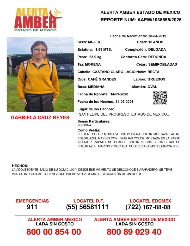 Alerta Amber: Se busca a Gabriela Cruz Reyes; desapareció en San Felipe del Progreso