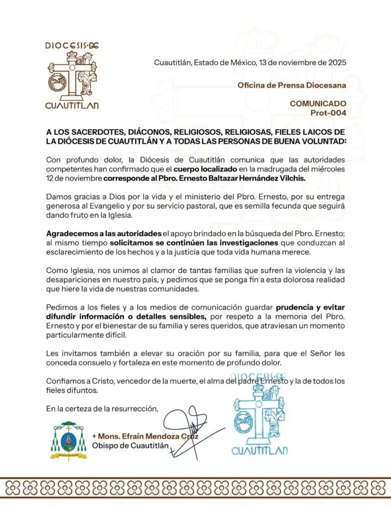 Diócesis de Cuautitlán confirma hallazgo del padre Ernesto y exige justicia