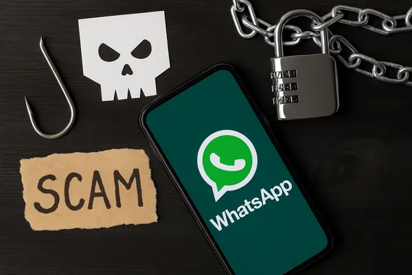 Pantalla de celular mostrando un mensaje de estafa en WhatsApp proveniente de un número extranjero.