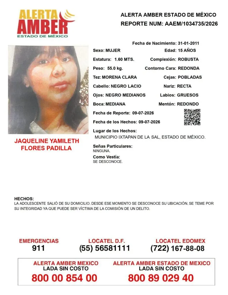 Alerta Amber: Se busca a Jaqueline Yamileth Flores Padilla, desaparecida en Ixtapan de la Sal