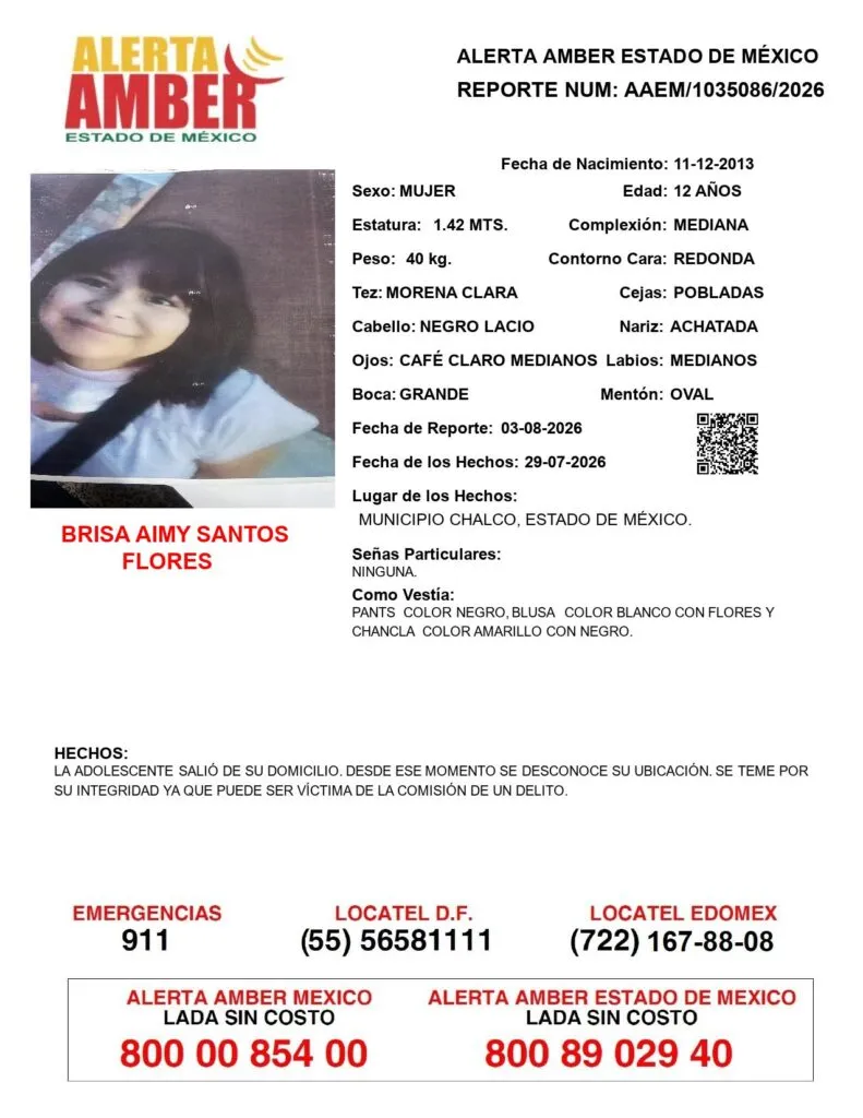 Alerta Amber: Se busca a Brisa Aimy Santos Flores; desapareció en Chalco