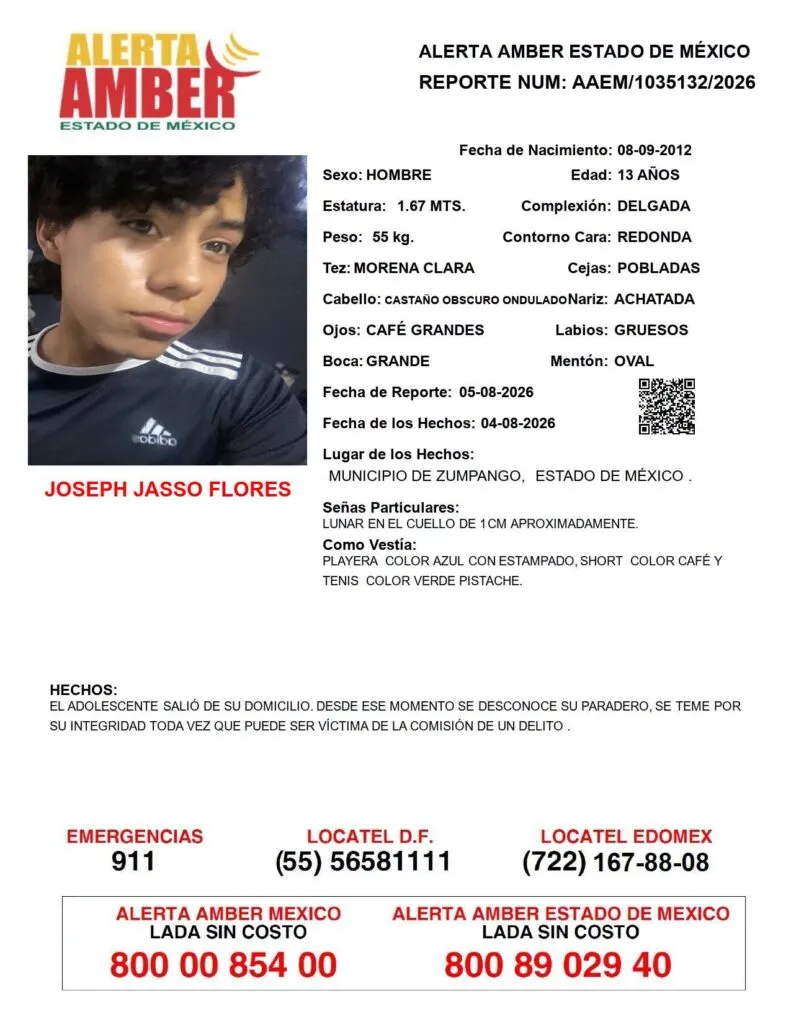 Alerta Amber: Se busca a Joseph Jasso Flores,  desaparecido en  Zumpango