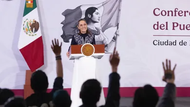 La presidenta Claudia Sheinbaum, durante la Conferencia del Pueblo en Palacio Nacional, el 18 de junio de 2026.