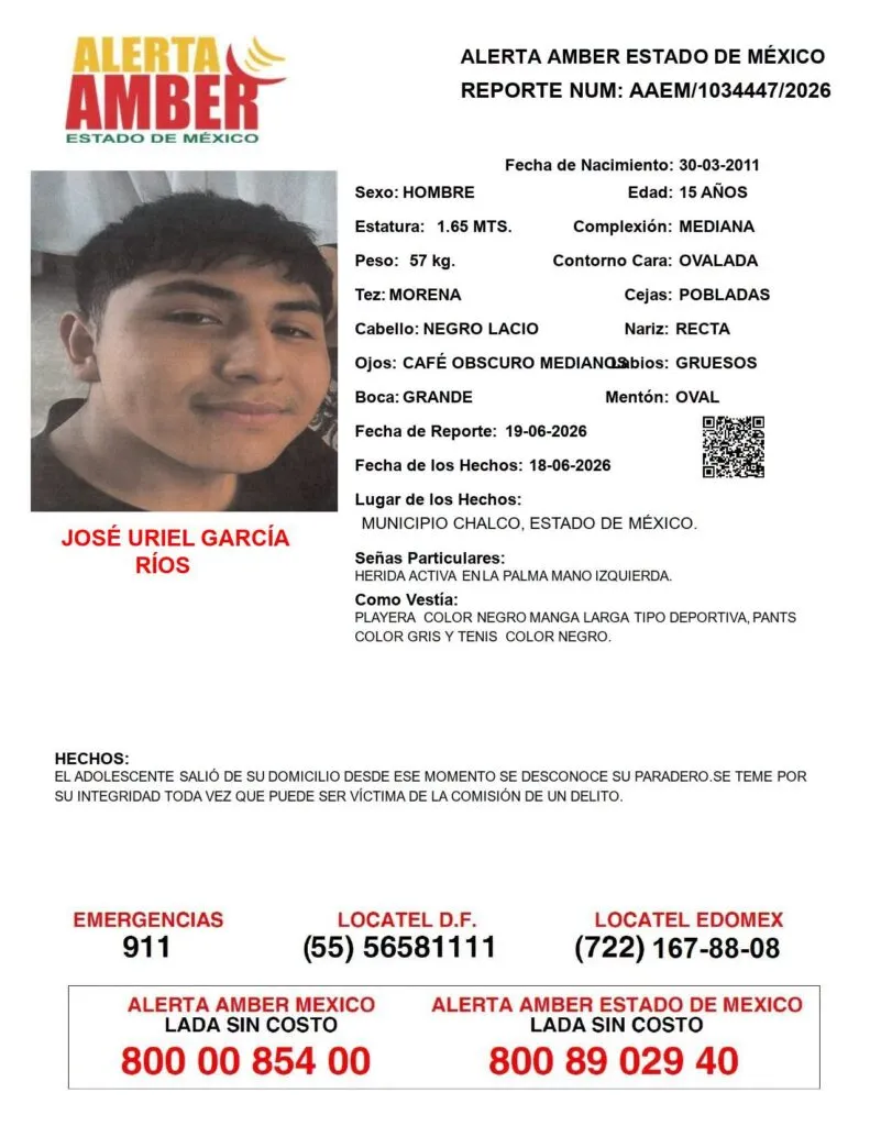 Alerta Amber: Se busca a José Uriel García Ríos; desapareció en Chalco
