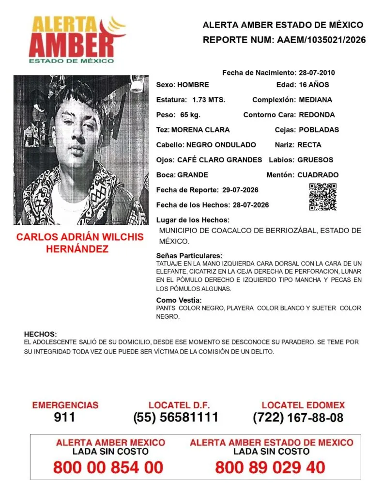 Alerta Amber: Se busca a Carlos Adrián Wilchis Hernández; desapareció en Coacalco