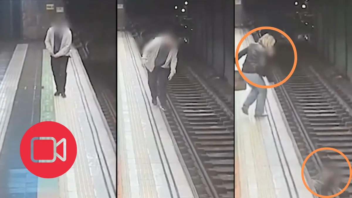 Momento en que una mujer salta a las vías del Metro para rescatar a un hombre.