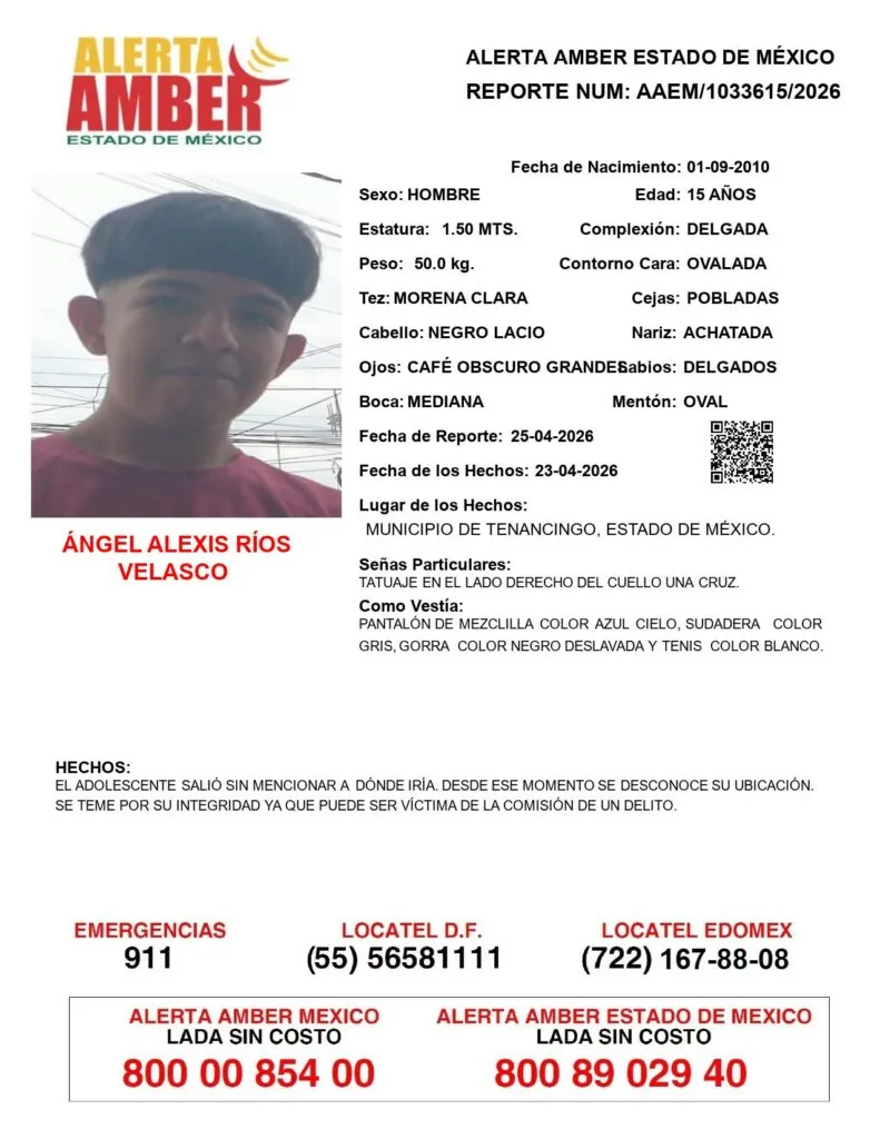 Alerta Amber: Se busca a Ángel Alexis Ríos Velasco; desapareció en Tenancingo