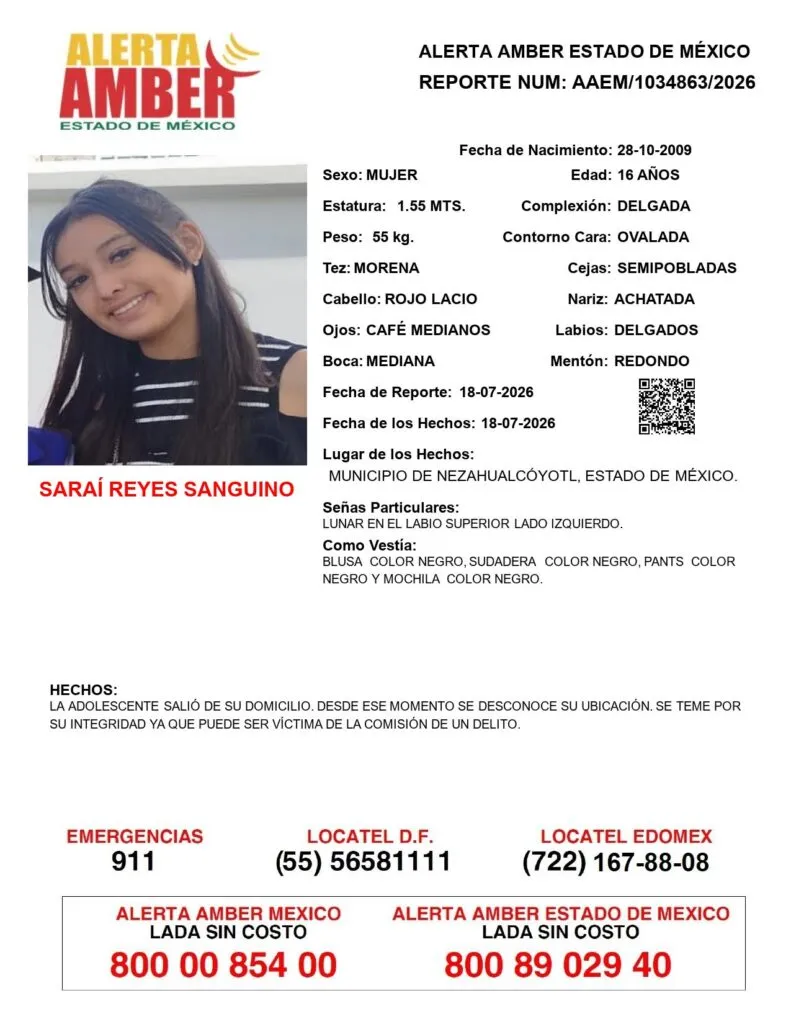 Alerta Amber: Se busca a Saraí Reyes Sanguino; desapareció en Nezahualcóyotl