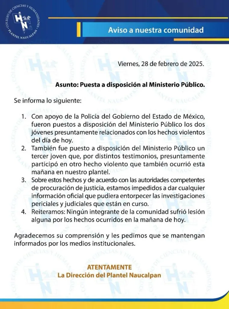 Tres jóvenes detenidos por hechos violentos en el CCH Naucalpan