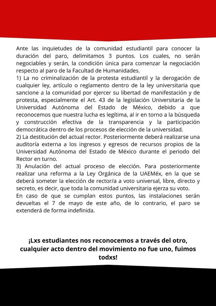 Facultad de Humanidades de la UAEMéx da a conocer peticiones para finalizar paro