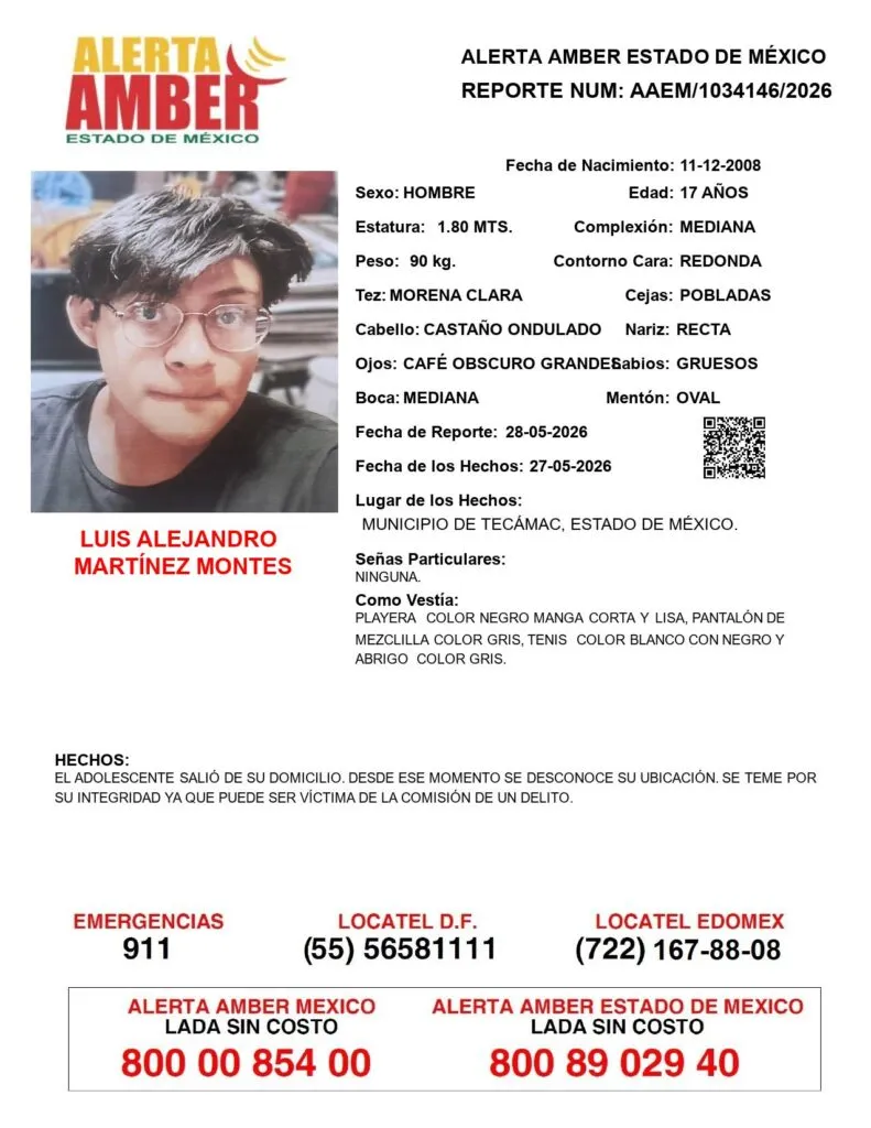 Alerta Amber: Se busca a Luis Alejandro Martínez Montes, desaparecido en Tecámac