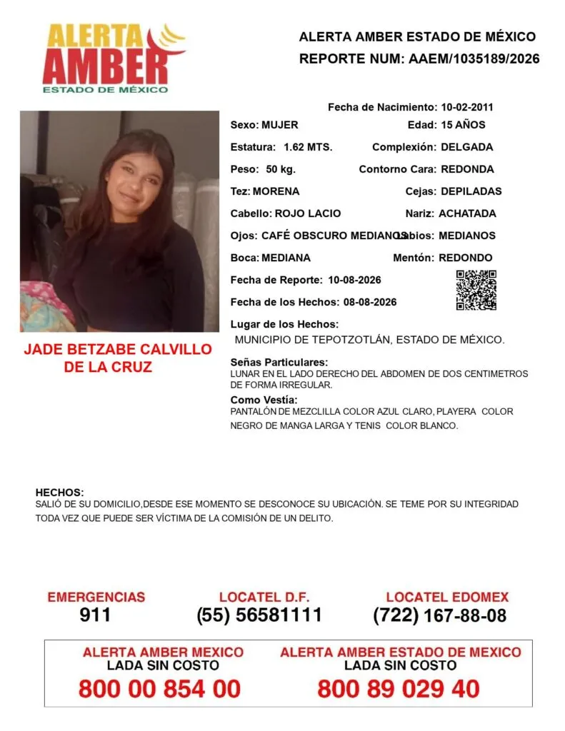 Alerta Amber: Se busca a Jade Betzabe Calvillo De La Cruz; desapareció en Tepotzotlán