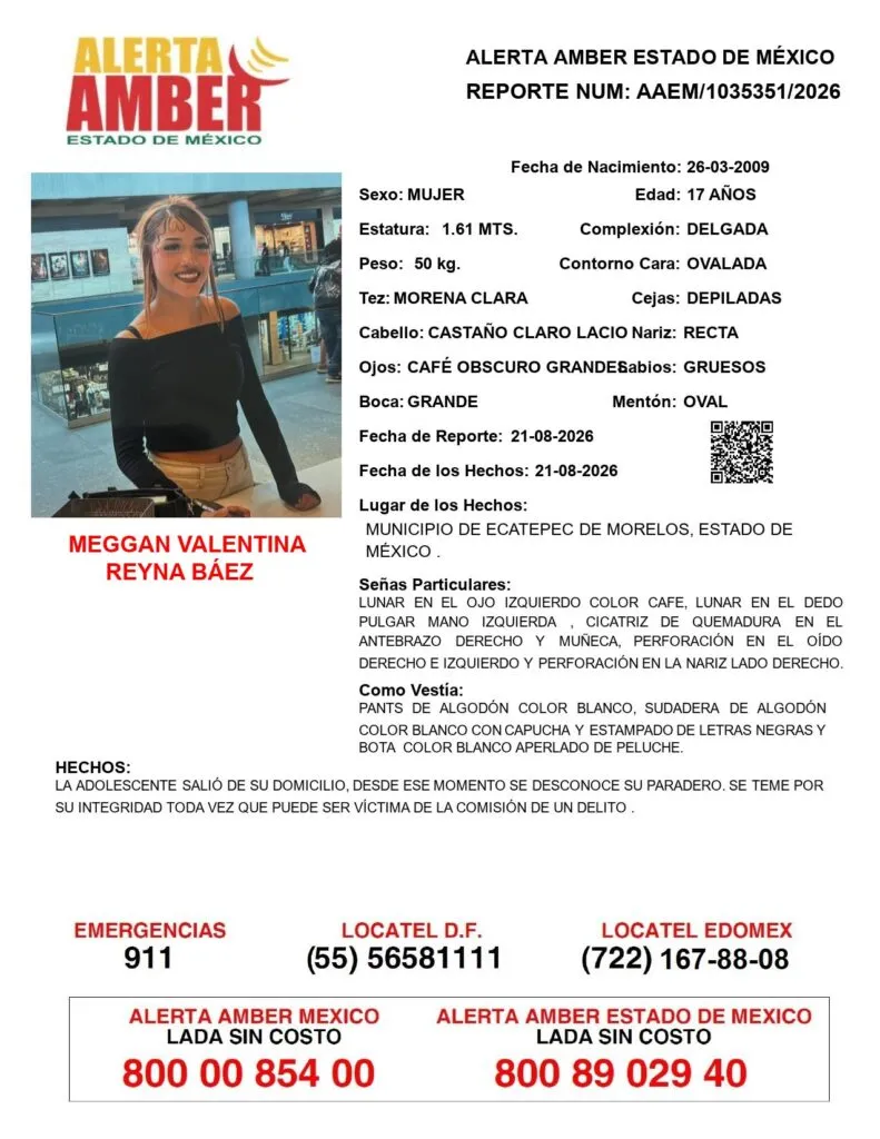 Alerta Amber: Se busca a Meggan Valentina Reyna Báez; desapareció en Ecatepec