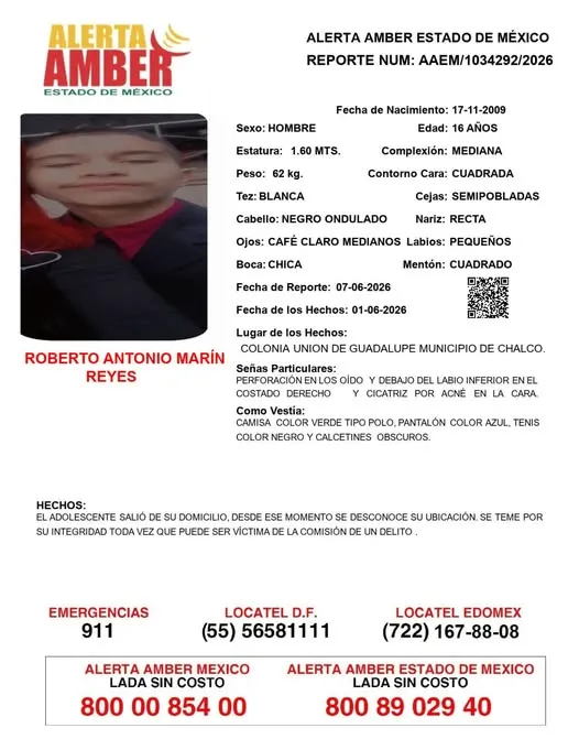 Alerta Amber: Se busca a Roberto Antonio Marín Reyes; desapareció en Chalco