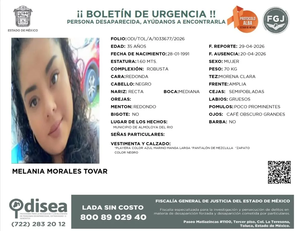 Protocolo Alba: Se busca a Melania Morales Tovar de 35 años, desapareció en Almoloya del Río