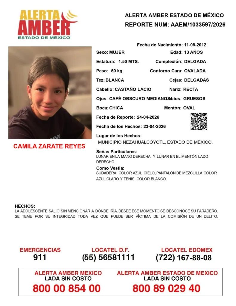Alerta Amber: Buscan a Camila Zarate Reyes, de 13 años, desaparecida en Nezahualcóyotl