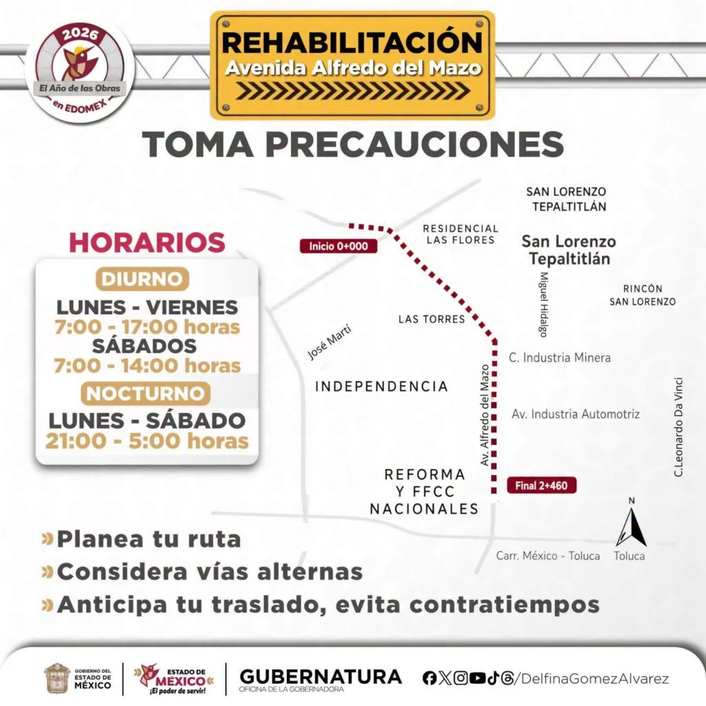 Habrá trabajos de rehabilitación en la avenida Alfredo del Mazo, estos son los horarios