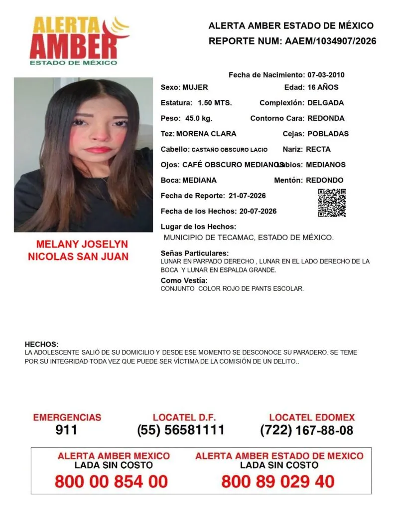 Alerta Amber: Se busca a Melany Joselyn Nicolas San Juan, desaparecida en Tecámac