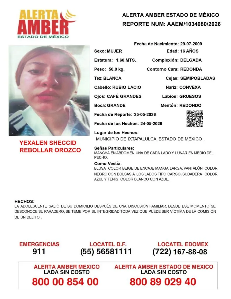 Alerta Amber: Se busca a Yexalen Sheccid Rebollar Orozco, desaparecida en Ixtapaluca