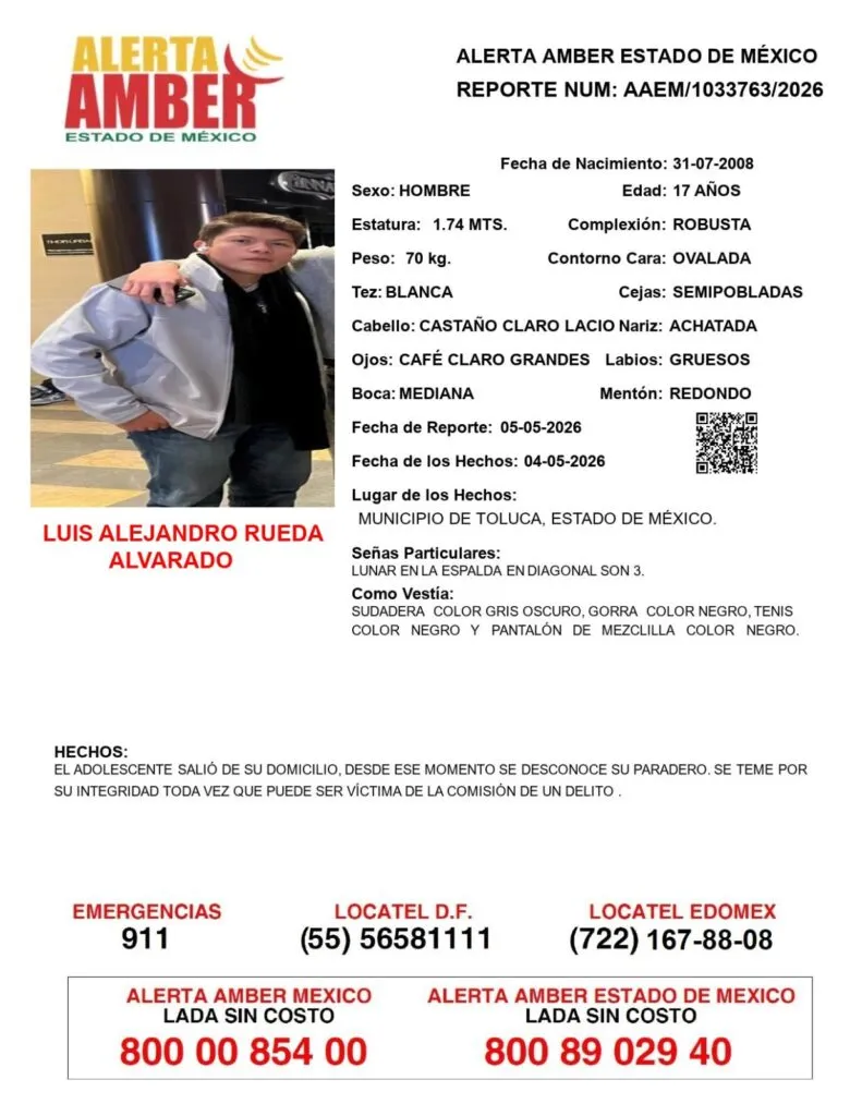 Alerta Amber: Se busca a Luis Alejandro Rueda Alvarado; desapareció en Toluca