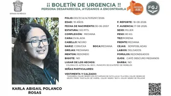 Boletín de urgencia emitido por la FGJEM bajo el Protocolo Alba para localizar a Karla Abigail Polanco Rosas, joven de 19 años desaparecida en Ecatepec.
