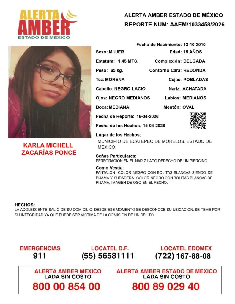 Alerta Amber: Se busca a Karla Michell Zacarías Ponce, desaparecida en Ecatepec