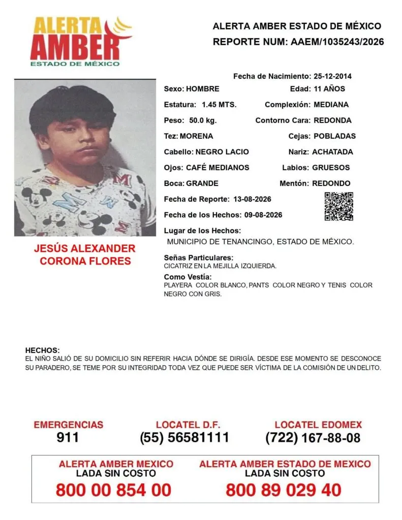 Alerta Amber: Se busca a Jesús Alexander Corona Flores, desaparecido  Tenancingo
