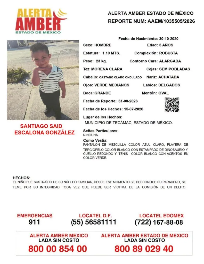 Alerta Amber: Se busca a Santiago Said Escalona González, desaparecido en Tecámac