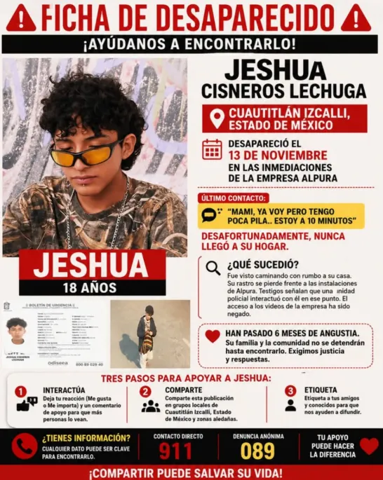 Madre de Jeshua Cisneros acusa a Alpura de ocultar videos de su desaparición
