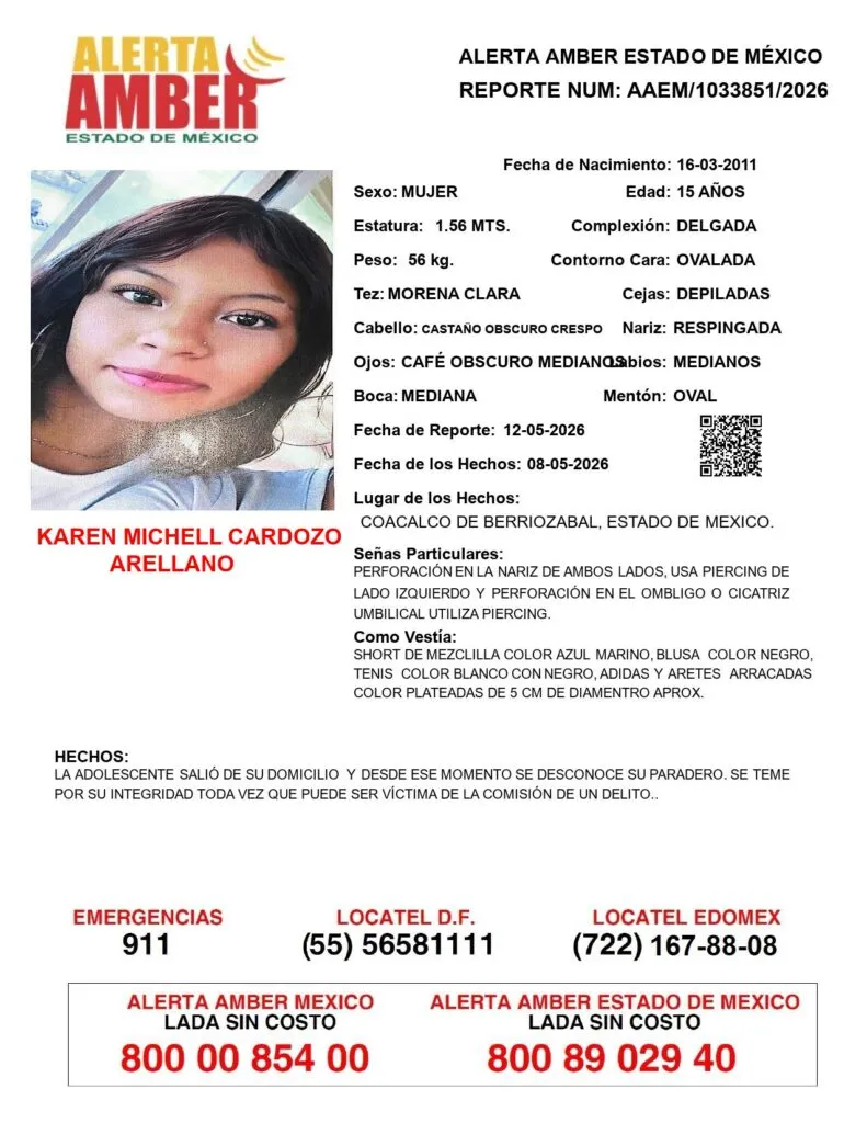 Alerta Amber: Se busca a Karen Michell Cardozo Arellano, desaparecida en Coacalco
