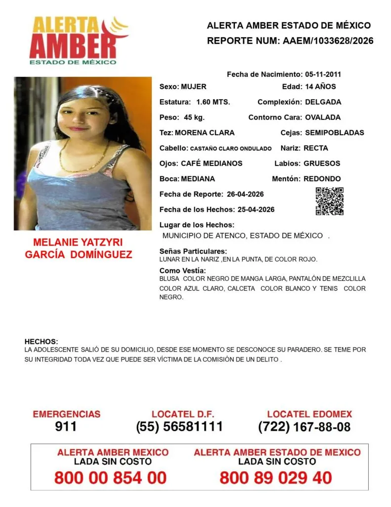 Alerta Amber: Se busca a Melanie Yatzyri García Domínguez, desaparecida en Atenco