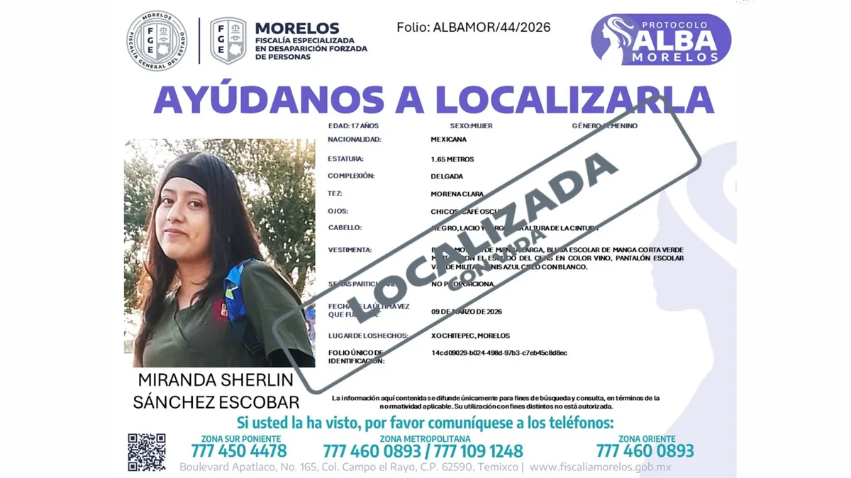Localizan con vida a Miranda Sherlin Sánchez Escobar