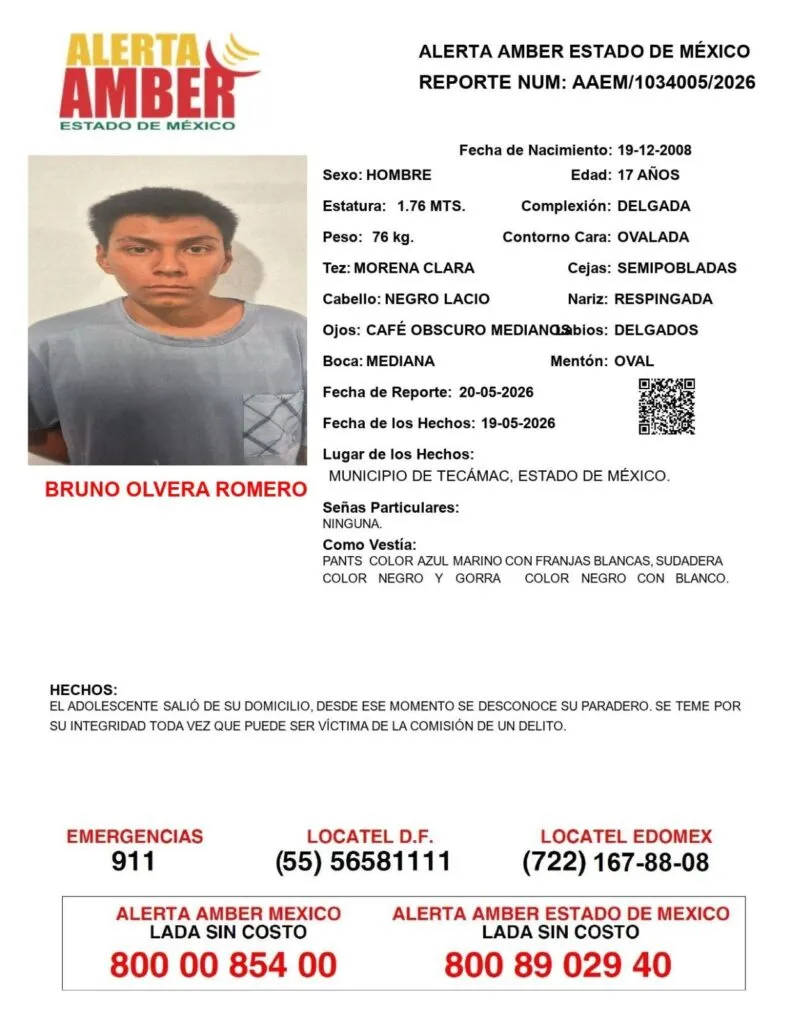 Alerta Amber: Se busca a Bruno Olvera Romero; desapareció en Tecámac