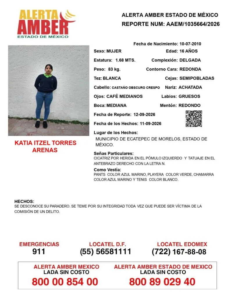 Alerta Amber: Se busca a Katia Itzel Torres Arenas; desapareció en Ecatepec
