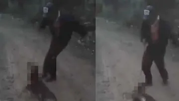 (VIDEO) Patean y arrastran a perrito por diversión