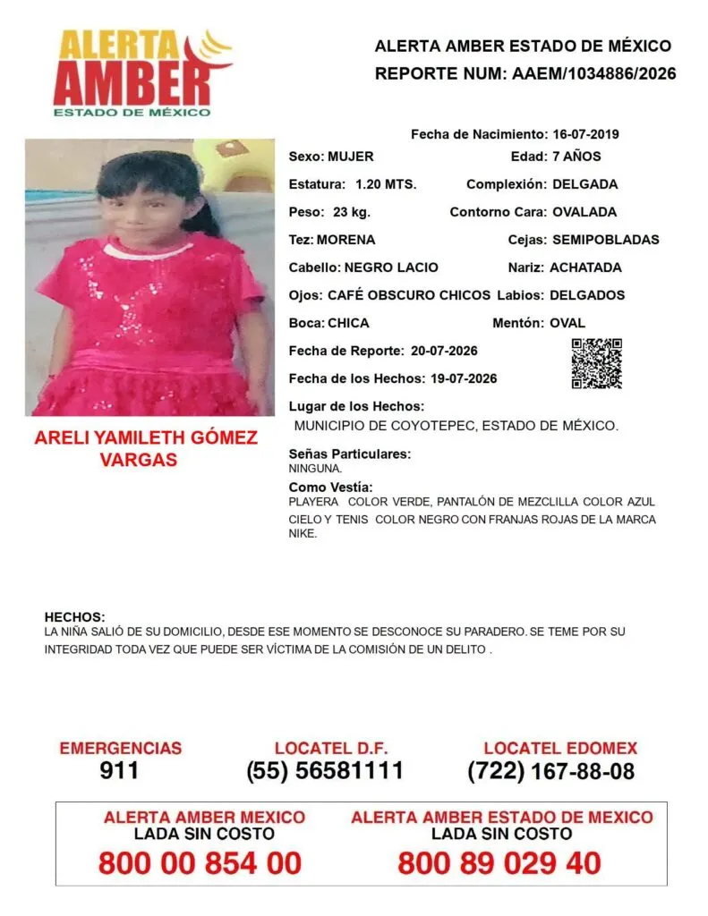 Alerta Amber: Se busca a Areli Yamileth Gómez Vargas, desapareció en Coyotepec
