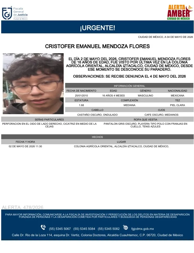 Alerta Amber: Se busca a Cristofer Emanuel Mendoza Flores de 16 años; desapareció en la Agrícola Oriental, CDMX