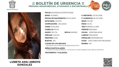 Ficha de búsqueda emitida por la FGJEM bajo el Protocolo Alba: Se busca a Lizbeth Anai Arroyo González de 16 años, desapareció en Nezahualcóyotl.