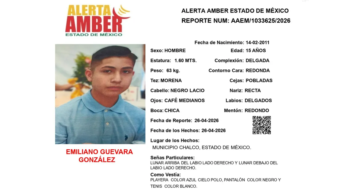 Alerta Amber: Se busca a Emiliano Guevara González, desaparecido en Chalco