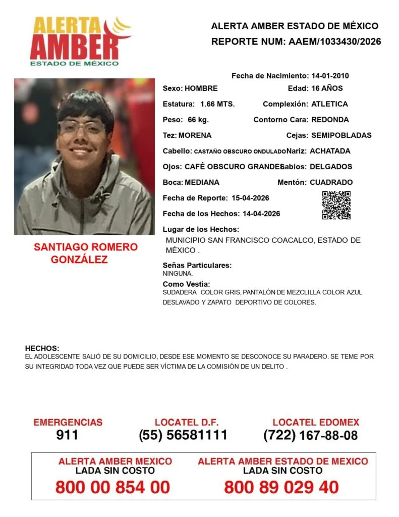 Alerta Amber: Se busca a Santiago Romero González, desaparecido en Coacalco