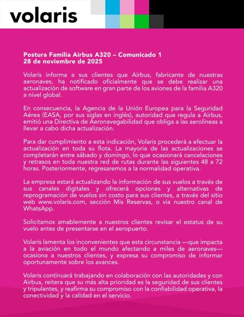 Actualización obligatoria de software en aviones A320 provoca ajustes operativos en Volaris