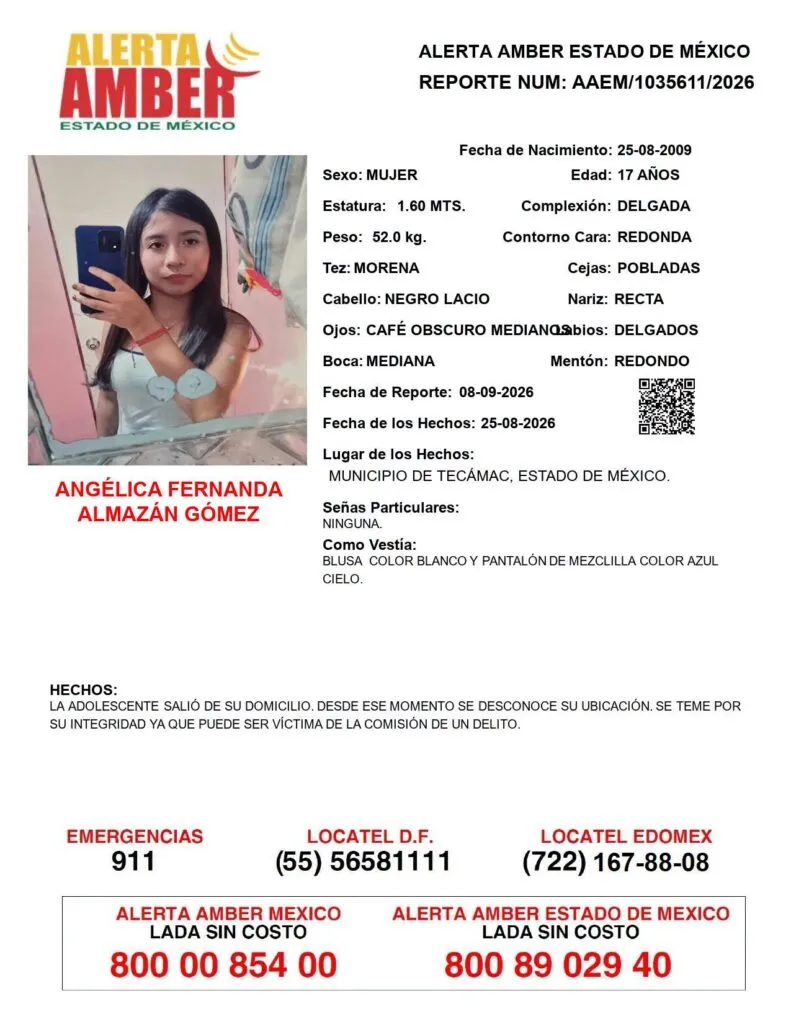 Alerta Amber: Se busca a Angélica Fernanda Almazán Gómez, desaparecida en Tecámac